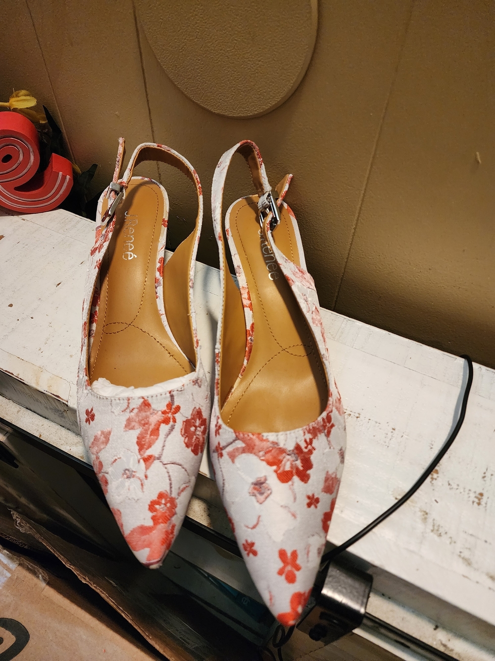 J. Renee Floral Pointed-Toe Slingback Heels - White with Coral Red Floral